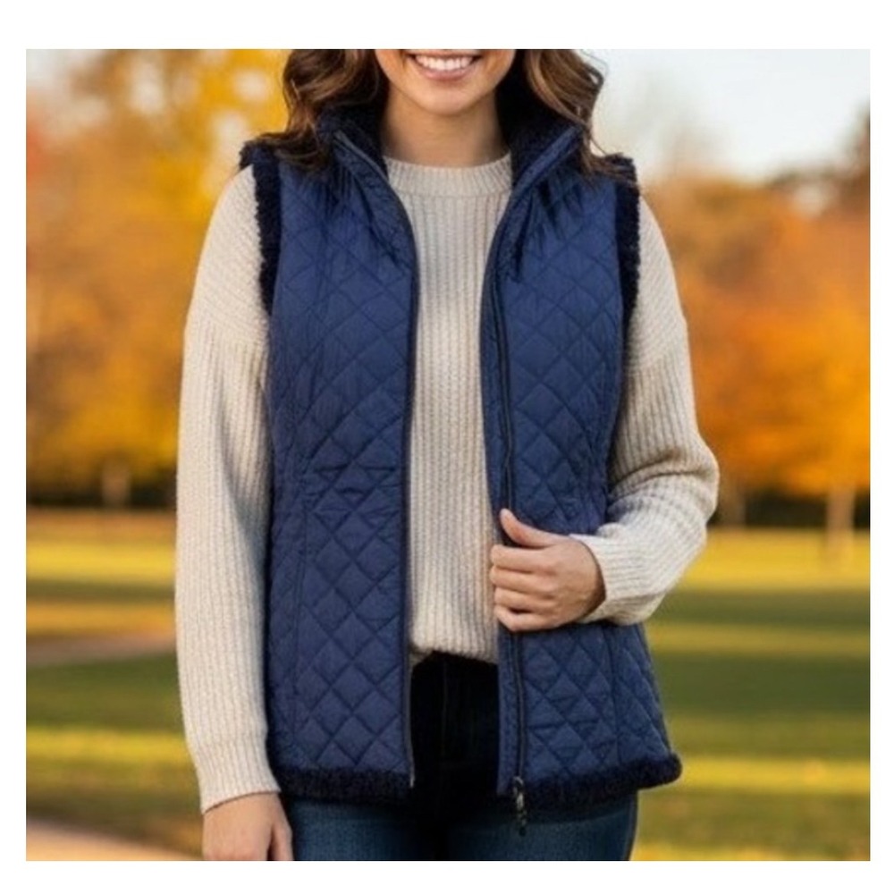 NWT Denim & Co Navy Reversible Quilted Faux Fur Vest 1X Cozy Cabin Core QVC